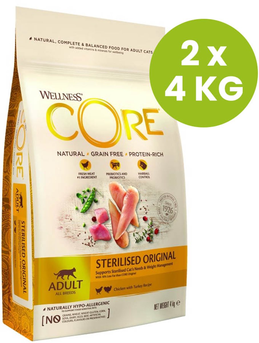 Wellness Core – Grain Free Cat Sterilised Kip | Kalkoen – Kattenvoer – 2 x 4 KG