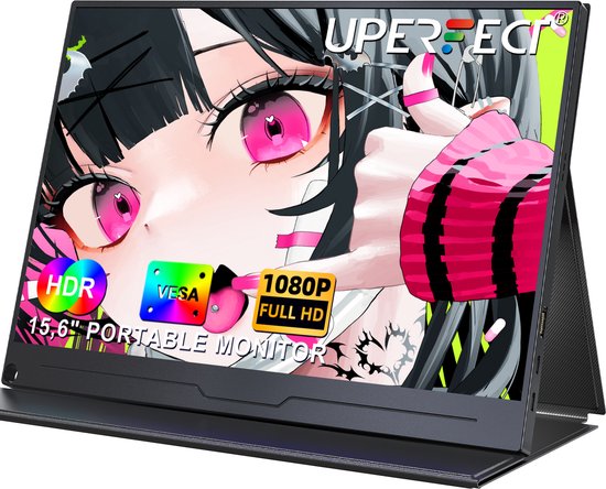 UPERFECT T03 15.6" FHD Portable Monitor 1080P IPS 60Hz Draagbaar monitor with Dual USB-C/HDMI & Speakers, for Laptop/Switch/MacBook (VESA Mount + Leather Case)