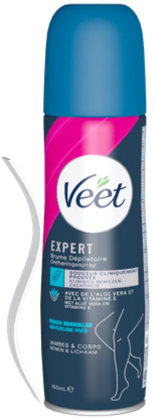 Veet EXPERT ontharingsspray met blauwe dop en roze band met logo. Zijkant toont been met haar. Inhoud 150ml.