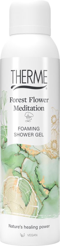 Therme Forest Flower Meditation schuimende douchegel in witte spuitbus met groen, marmerachtig design en houtnerf detail. Tekst: 'Nature's healing power', 'VEGAN'.