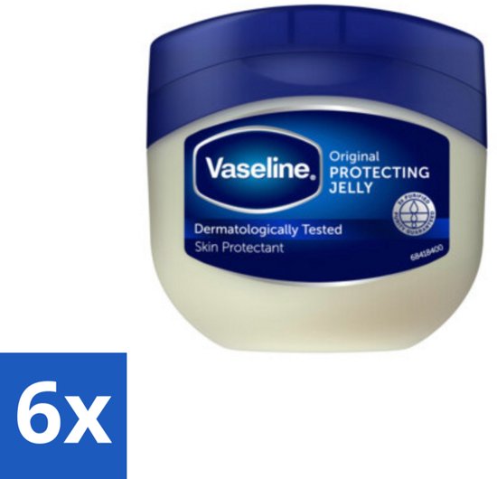 Vaseline Original Protecting Jelly in een witte pot met blauw deksel, met "6x" aanduiding.