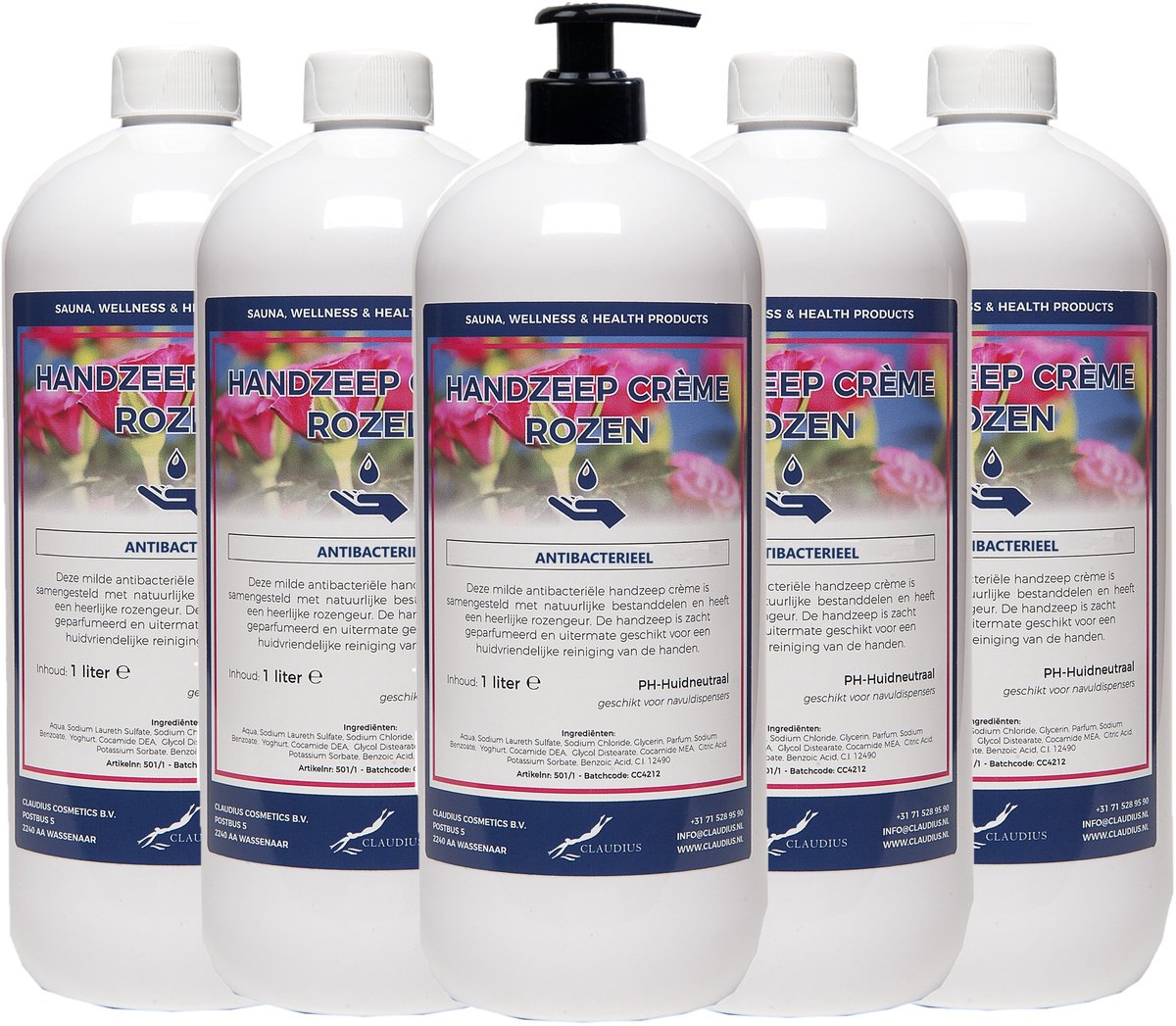Handzeep Creme Rozen 1 liter - met gratis pomp - set van 5 stuks - Voordeelverpakking