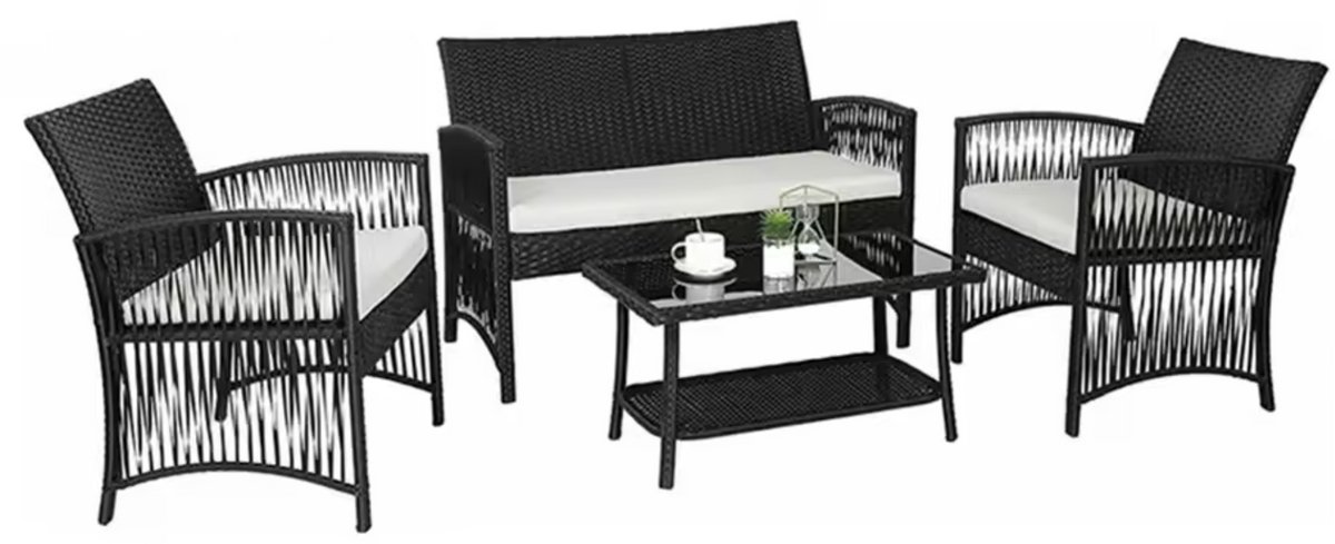 J&R Tuinset - Tuinmeubel set - Loungeset - Rotan tuinset - Lounge - Meubel - 2 stoelen - 1 bank - 1 tafel - Glasplaat - Zwart