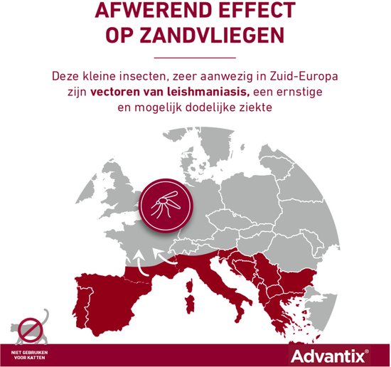 Kaart van Europa met roodgekleurde gebieden en zandvlieg symbool. Tekst "Afwerend effect op zandvliegen".