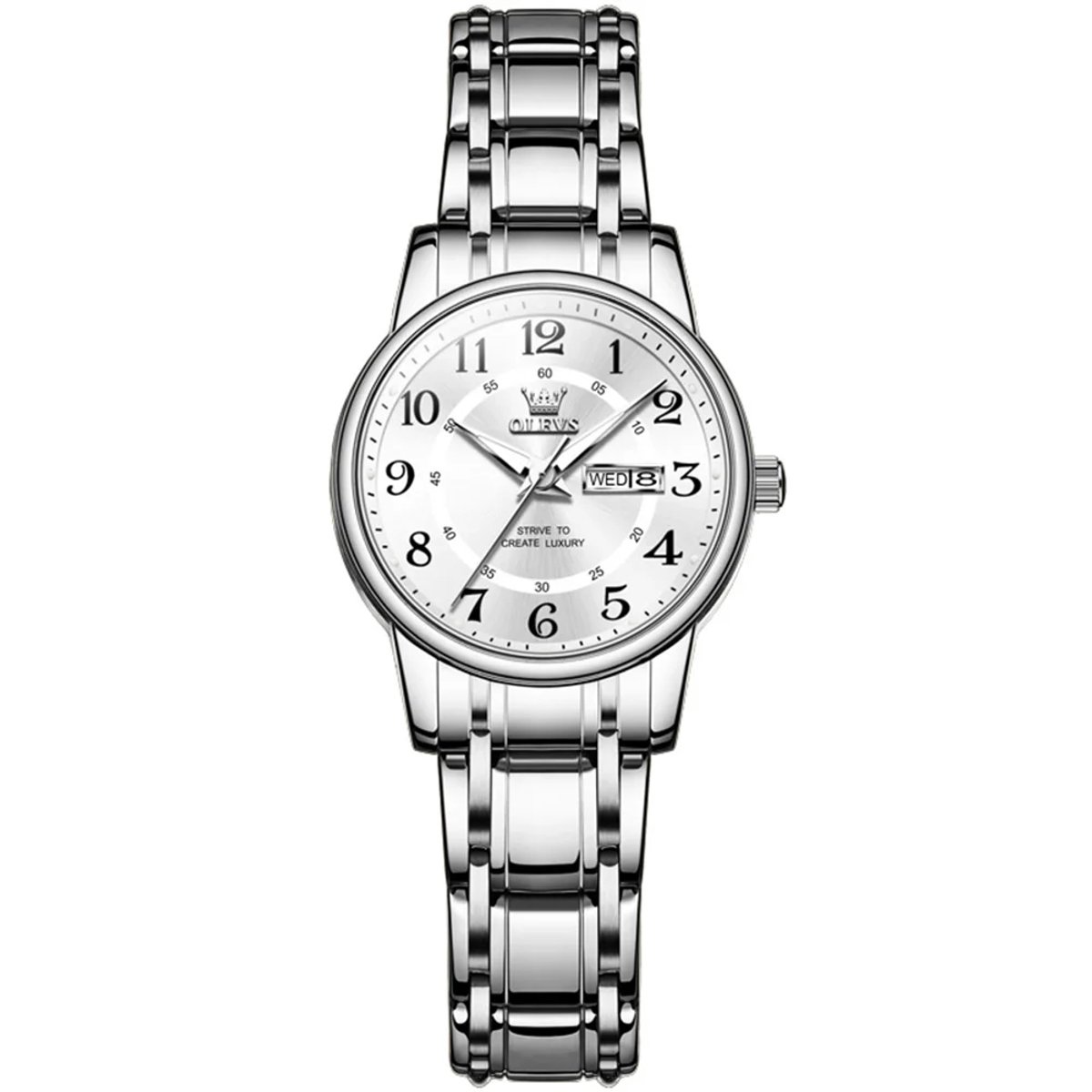 HO-2891.z : Olevs zilverkl edelstaal dames horloge, wijzerplaat met zwarte cijfers, dagaanduiding