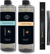 Navulling Jasmine patchouli + vannille mango + geurstokjes - Geurstokjes Navulling Set van 2 + 5 Geurstokjes - Geurverspreider - Luchtverfrisser - Huisparfum - 400ml x 2