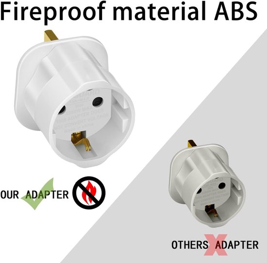 Wit reisadapter met type C en F stekker naar type G stopcontact. 'Fireproof material ABS'.