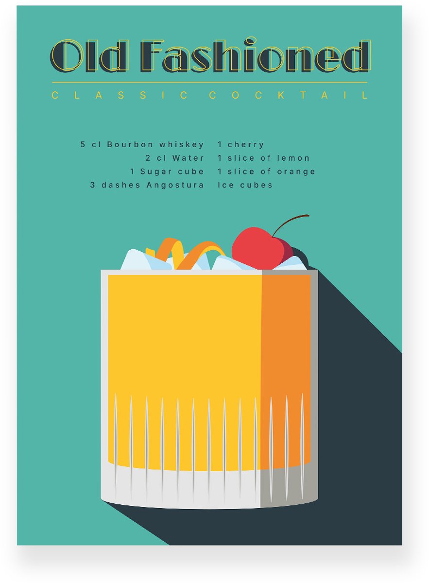 Yisual Poster 30x40 cm - Old Fashioned - Cocktail Recept - Geel - Groen - Retro - Art deco - Muurdecoratie - Wanddecoratie