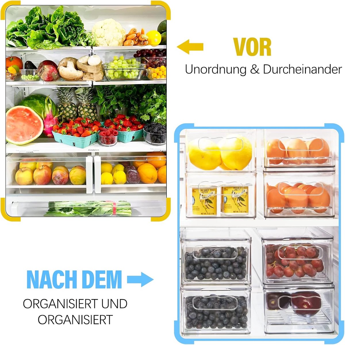 Candala Koelkastorganizer, set van 4 keukenopbergdozen met handgrepen, robuust en doorzichtig, organisatie voor keuken, koelkast, kasten, badkamer, BPA-vrij, 29 x 20 x 15,5 cm