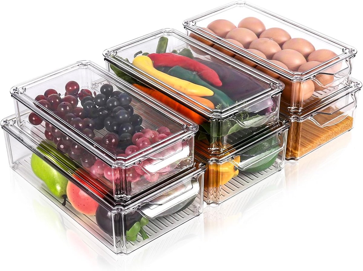 Candala Koelkastorganizerset, set van 6 opbergdozen, koelkast met deksel, doorzichtige koelkastdozen, stapelbaar, opbergdoos, koelkast voor keukenkasten