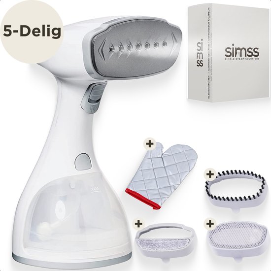 Simss® - Kledingstomer - Krachtige Handstomer voor Kleding en Meubilair - Stoomapparaat met 3 Opzetborstels - Snelle opwarmtijd - Inclusief Warmtebestendige Handschoen - 1500W - 300ml - Steamer - Elegant design - Wit