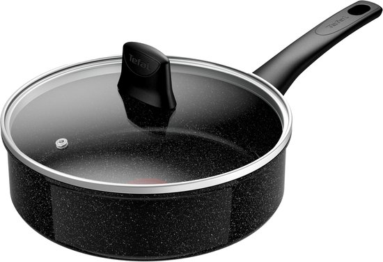 Zwarte Tefal hapjespan met glasdeksel, granite-look coating en rode thermospot indicator.