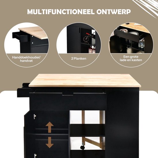 Mobiel kookeiland met 2 deuren en 3 laden - Uitschuifbaar blad - 135x44(70)x90 cm - MDF hout