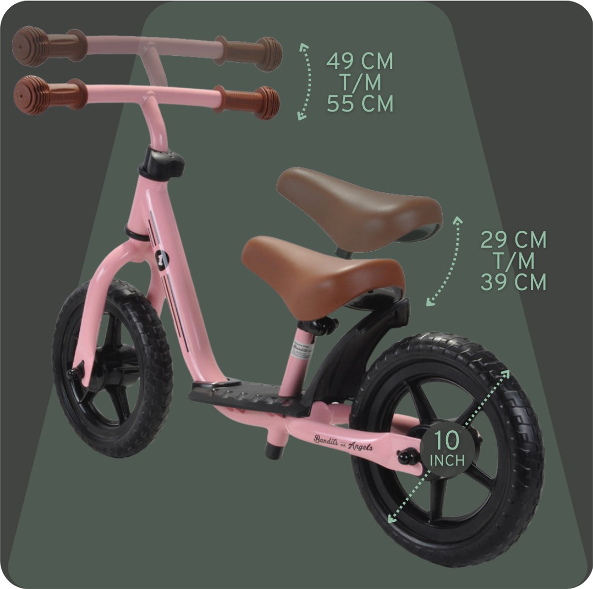 Bandits & Angels Metalen Loopfiets Met Mandje Starter Roze met Voetenplank vanaf 2 Jaar - Limited Edition - Vintage Roze Loop Fiets - Verstelbaar Zadel 29 tot 39 cm - Meisjes - Compact en Veilig - Lage Instap met Voetenplank — afbeelding 7