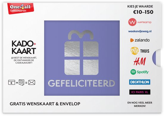 Cadeaukaart "Kado+Kaart Gefeliciteerd" met populaire winkellogo's en "€10-150".
