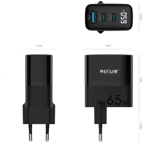 Rixus Super Fast Power Delivery GaN Charger 65W Black