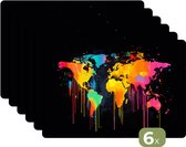 Placemats - 6 stuks - 45x30 cm - Placemat kunststof - Wereldkaart - Verf - Kleurrijk - Graffiti - Wereld - Borden onderleggers - Decoratie voor op tafel - Keuken tafeldecoratie accessoires - Vinyl onderlegger - Tafelversiering