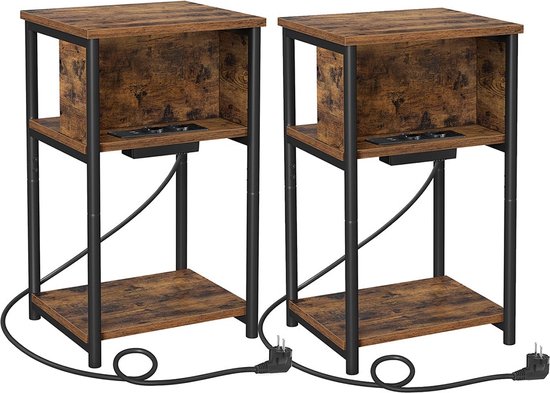 GIANTEX Nachtkastje met laadstation, 2-delige set met 2 stopcontacten, bijzettafel, salontafel, koffietafel met lade en open planken, nachtkastje, nachtkastje, 40 x 40 x 55 cm, rustiek bruin