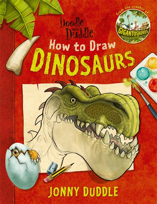 Boek "Doodle with Duddle: How to Draw Dinosaurs" met een illustratie van een dinosauruskop die wordt getekend, met verf en potloden.