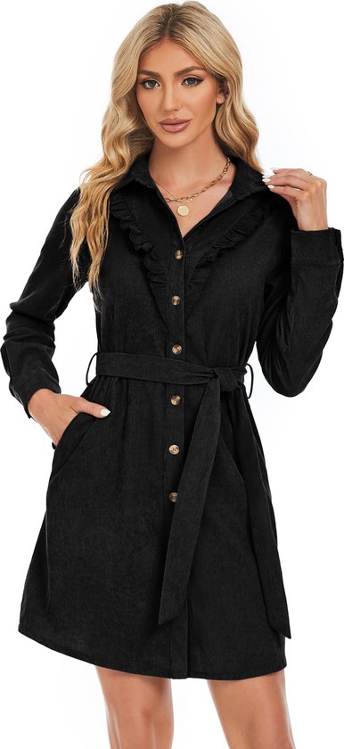 Blousejurk Dames Corduroy Lange Mouw A-Lijn Knielange Shirtjurk