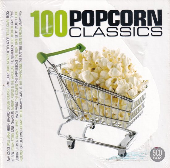 Een winkelwagentje vol met popcorn, met "100 Popcorn Classics" erop.