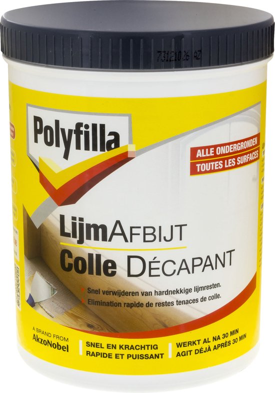Gele pot met donkergrijs deksel. Polyfilla Lijm afbijt. Alle ondergronden.