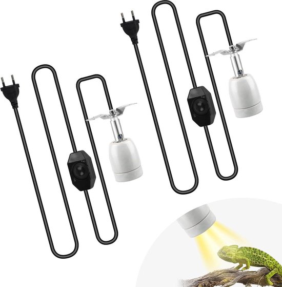 2 stuks warmtelampfitting keramiek voor reptielen - lamphouder met schakelaar - 18 m kabel en stekker - hagedissen schildpad UV porseleinen fitting - 360 graden draaibaar - dimbaar - geen lamp .