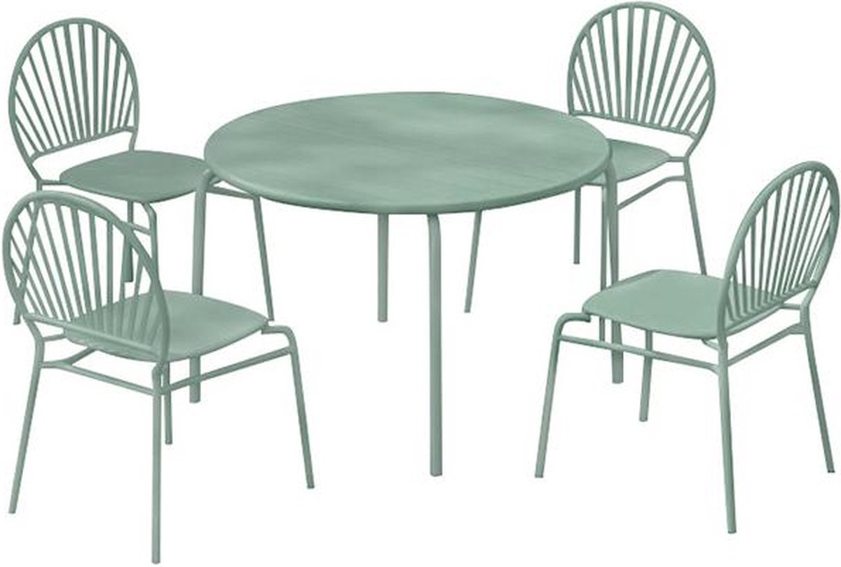 Vente-unique Tuineethoek van metaal: een tafel D110 cm en 4 stoelen - Amandelgroen - CEDEIRA van MYLIA L 110 cm x H 82 cm x D 110 cm