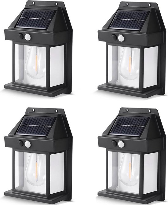 Buitenlamp op Zonne Energie - 4 Stuks - Met Bewegingssensor - Lantaarn - Tuinverlichting - Tuinverlichting op Zonne Energie - Solar Buitenlamp - Solar Tuinverlichting - Buitenverlichting - Zwart