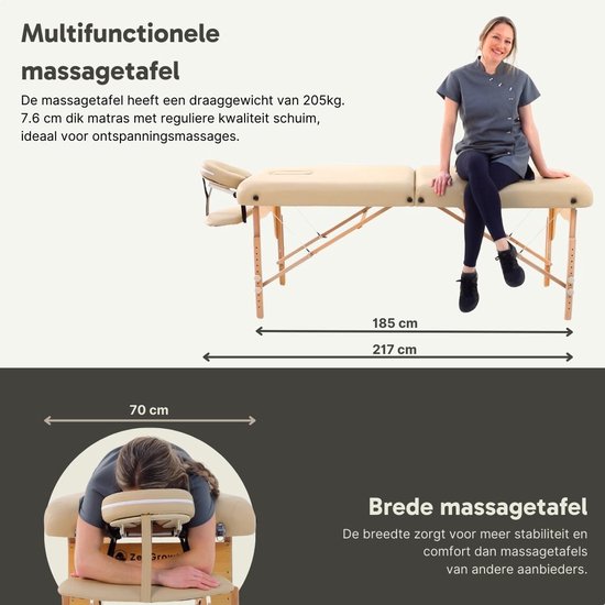 ZenGrowth® Gavia Massagetafel Beige – Traagschuim matras - Incl. Draagtas met wielen – 213cm x 70cm – Hoogte verstelbaar 60 tot 89 cm – Behandeltafel