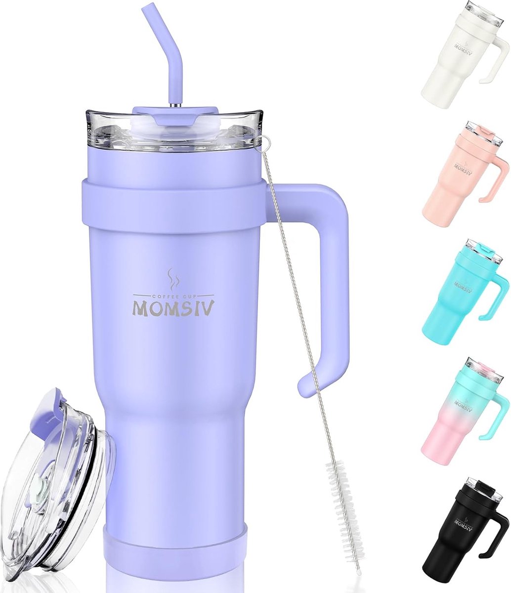 JGS ® Dubbelwandige Thermische Beker met Rietje en Handvat, Vaatwasmachinebestendig