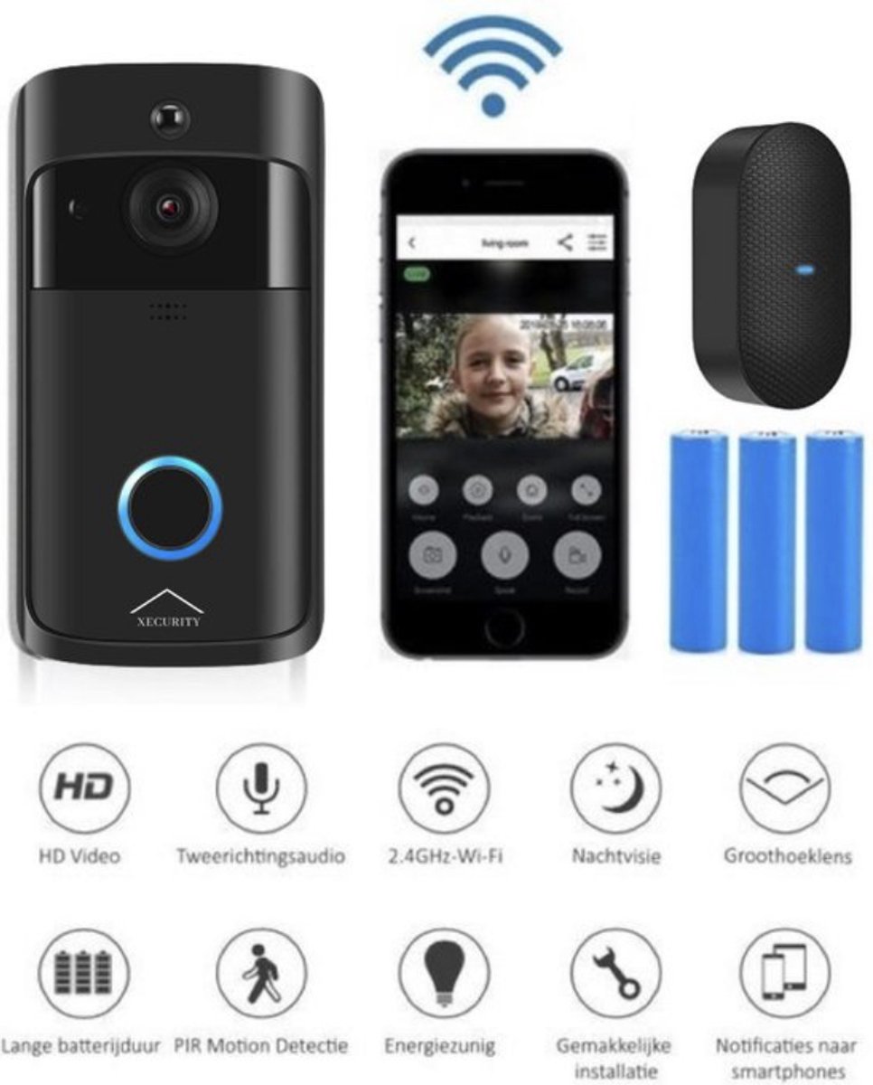 Xecurity X-One Deurbelset - HD WiFi Video Deurbel Draadloos met Camera - All Black - Xecurity - €69,95