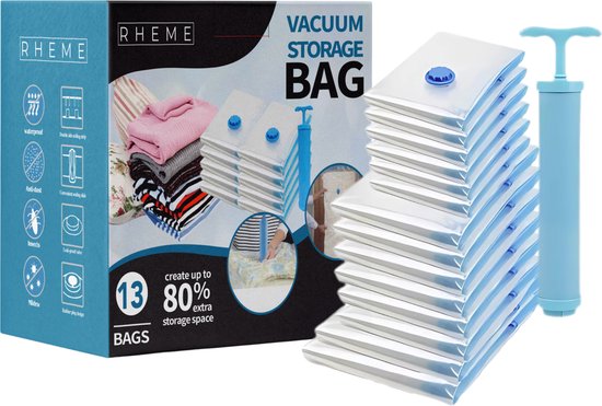Vacuumzakken - Set van 13 Zakken - Kleding & Beddengoed - Opbergzakken - Ruimtebesparend Vacuümzakken - Reis Zakken - Inclusief Pomp - Rheme