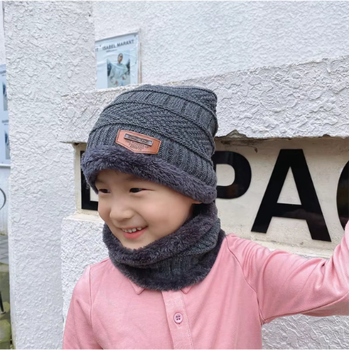 Uposao Warme muts en sjaalset voor jongens en meisjes van 3 - 6 jaar, wintermuts voor jongens en meisjes, warm, schattig, gebreide muts, pomponmuts, pluche beanie, hoed, babymuts, sjaalmuts met pompon