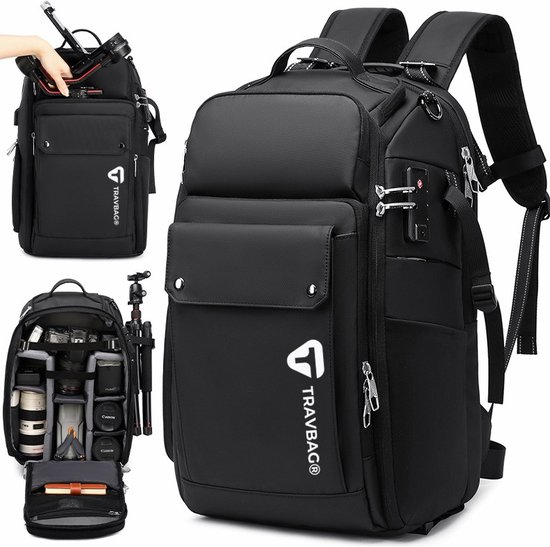 TRAVBAG® ORGANIZER - Professionele Hobby en Universele Camera Rugzak - Rugtas - Anti Diefstal - Vakken - Klittenband - Laptop 15 inch - USB Oplaadpoort - Inclusief Waterdicht Hoes - Anti-Diefstal - Camera - Organizer - Zwart