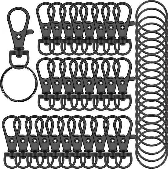 50 Zwarte Karabijnhaken met 50 Sleutelringen - Musketonhaak Sleutelhangers voor Volwassenen - Mini DIY Musketon en 25mm ringetjes - Auto Klein Carabiner Sleutel Hanger, Houder - Karabijn haak ringen - Keychain Zelf Maken Karabijnsluiting - voor Hobby