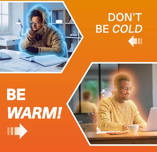 Collage: linkerbovenhoek man bibberend van koude, rechterbenedenhoek man warm aan laptop. Tekst: DON'T BE COLD, BE WARM!