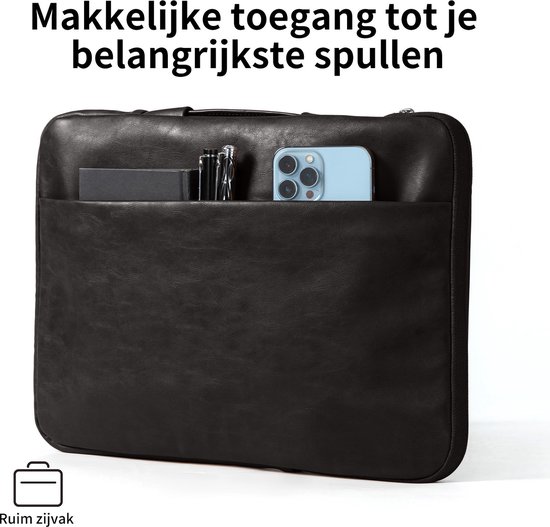 Zwarte laptoptas met voorvak waarin een telefoon, pennen en een notitieboekje passen. Ruim zijvak.
