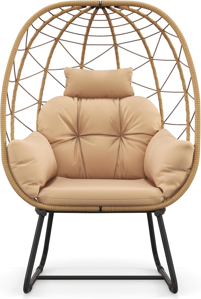 COSTWAY Rieten stoel, rotan, oversized loungestoel met afneembaar kussen en metalen frame, tuinstoel, rotanstoel voor balkon, tuin, terras, woonkamer (beige)