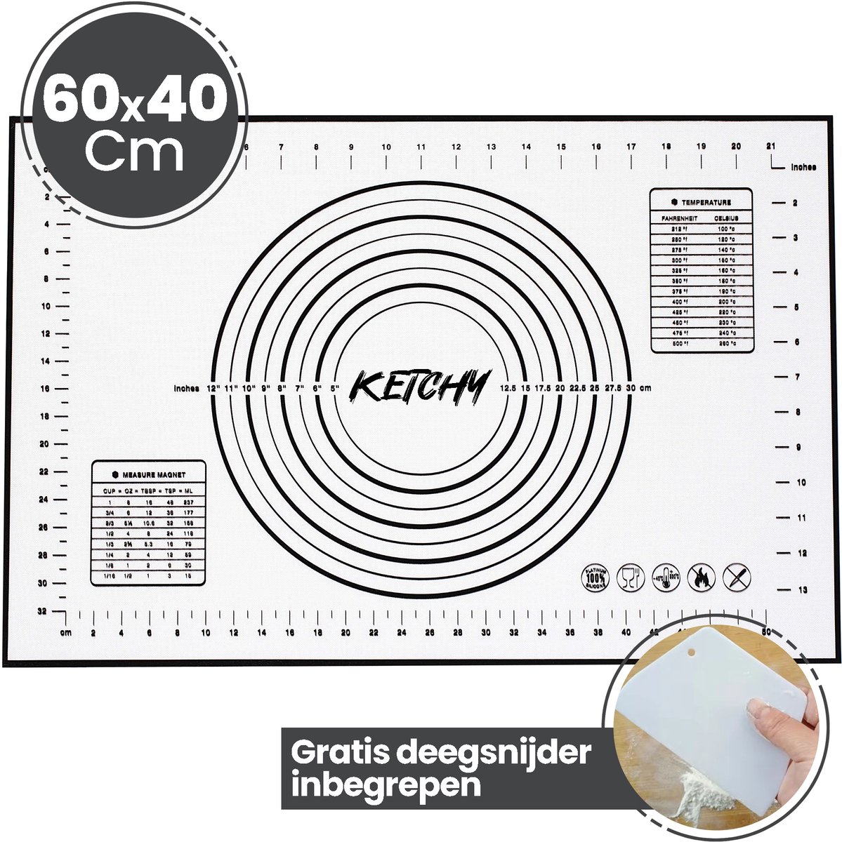 Ketchy Siliconen Deegmat 60x40 cm – Bakmat met Maataanduiding – Anti-aanbak & Antislip – Voor Deeg, Pizza, Brood & Gebak – BPA-vrij & Herbruikbaar