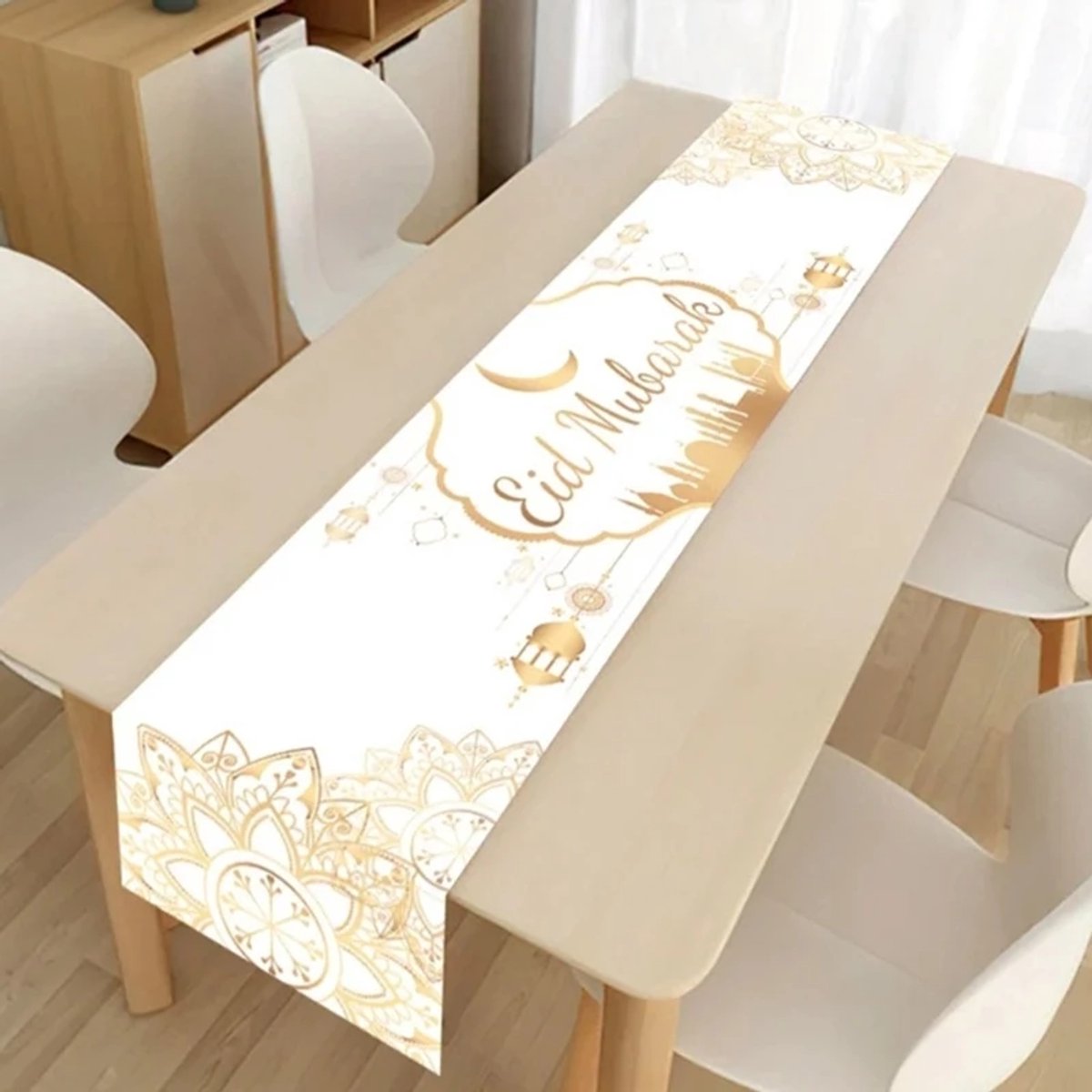 Without Lemon - Eid Mubarak Tafelloper - Tafelkleed - Decoratie - Feest - Ramadan - Suikerfeest - Versiering - 33x183cm - Wit - Versie: D