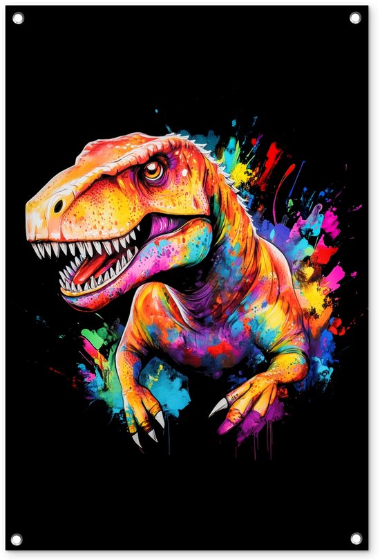 Tuinposter 60x90 cm - Tuindecoratie Graffiti - Dinosaurus - Jongens – Kleurrijk - Poster voor in de tuin - Buiten decoratie - Schutting tuinschilderij - Tuindoek muurdecoratie - Wanddecoratie balkondoek