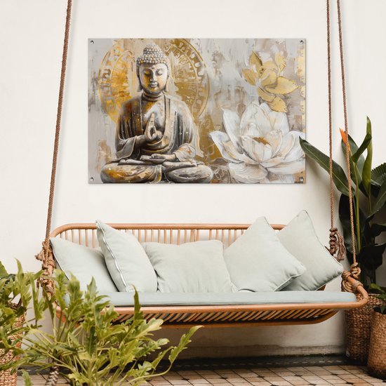 Affiche de jardin 120x80 cm - Décoration de jardin Bouddha - Bloem - Lotus - Wit - Goud - Zen - Affiche pour le jardin - Décoration extérieure - Tableau de jardin clôture - Décoration murale sur toile de jardin - Décoration murale sur toile de balcon