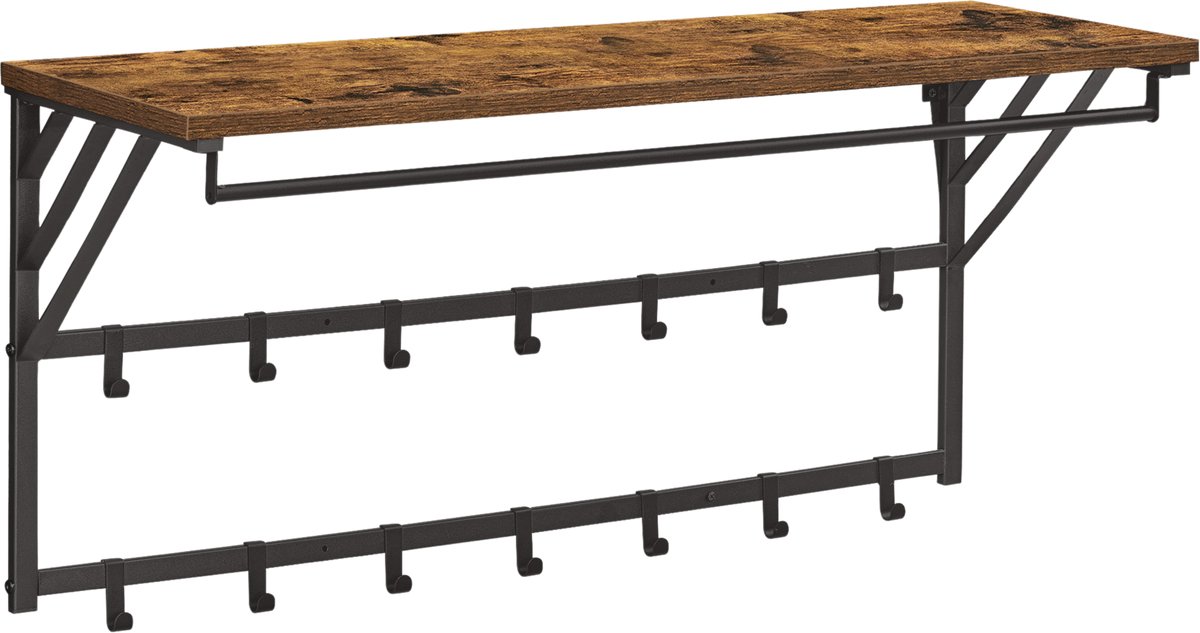 ACAZA Kapstok - Wandkapstok - Kapstok Hangend - 90 x 30 x 44 cm - 14 Haken met Plank en Kledingstang - Vintage Bruin