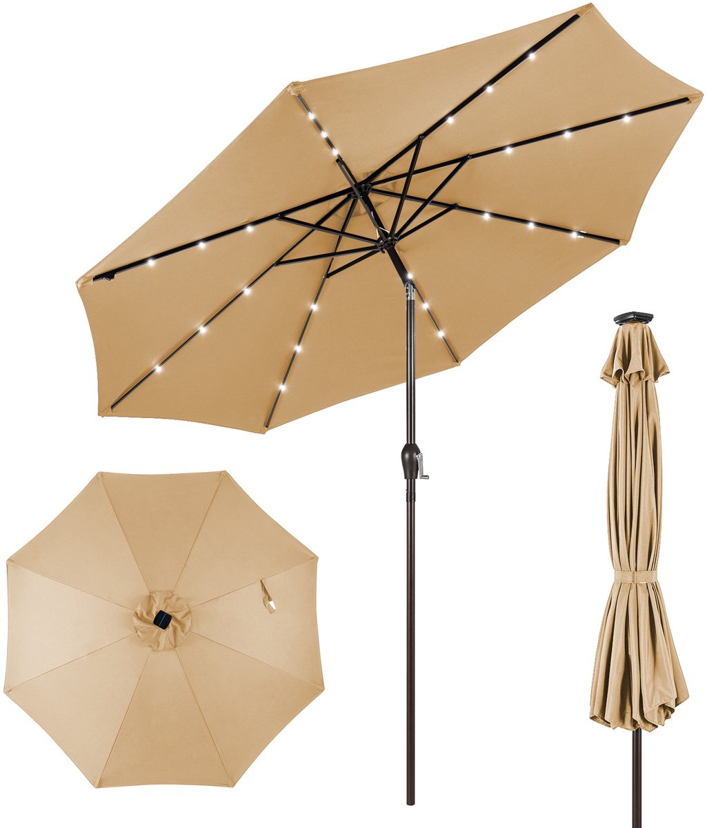 COSTWAY Parasol 300 cm met led-verlichting, tuinparasol met zwengel, aan beide zijden 30° knikbaar, terrasparasol met 8 ribben, marktscherm voor tuin, balkon, terras, beige