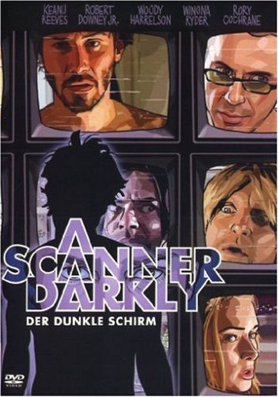 Filmcover 'A Scanner Darkly' met de gezichten van Keanu Reeves, Robert Downey Jr., Woody Harrelson, Winona Ryder en Rory Cochrane.