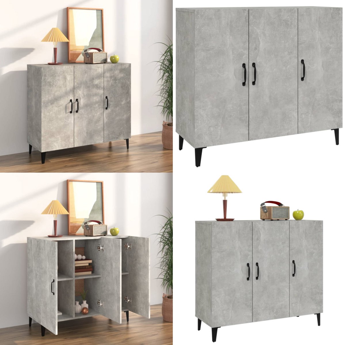 Buffet Rangement VidaXL 90cm - Gris Béton - Meuble Salon Avec 3 Portes - Bois D'Ingénierie