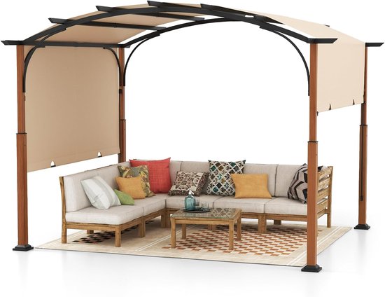COSTWAY Pergola met uittrekbaar dak, 3,6 x 3 m paviljoen, waterdicht, stabiel, winterbestendig, tuinpaviljoen met robuuste metalen zuilen voor terras, tuin, dek (beige)