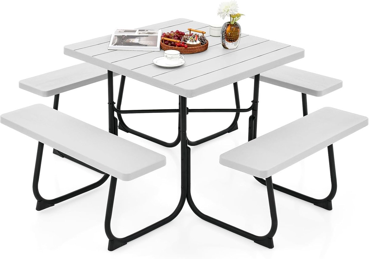 COSTWAY Zitgarnituur voor 8 personen, picknicktafel met parasolgat en 4 banken, vierkante tuintafel, tuingarnituur, tuinmeubelen, zitgroep voor tuin, terras (Wit)