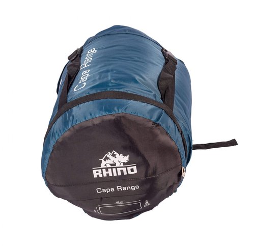 Donkerblauwe slaapzak met zwarte banden en Rhino Cape Range logo.